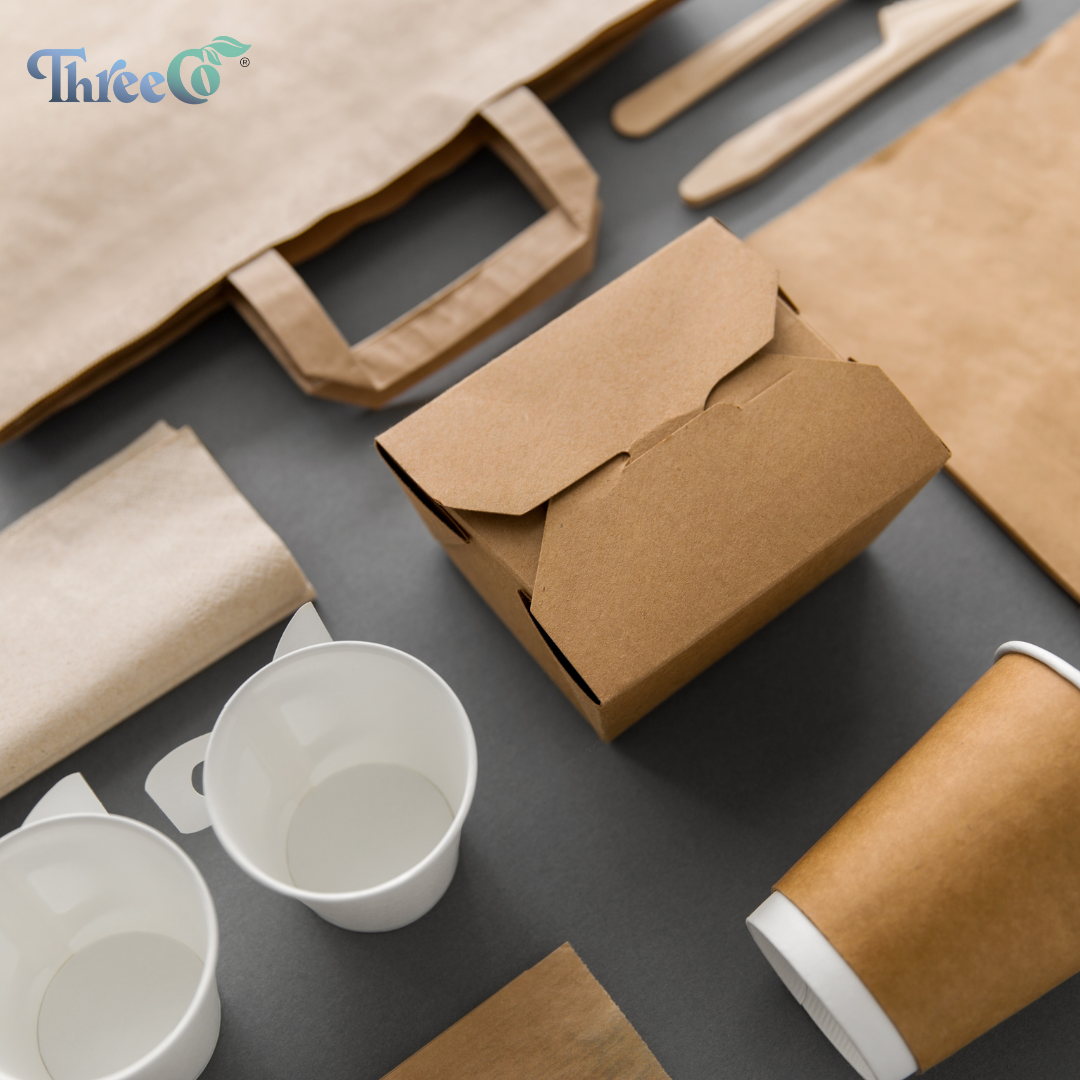 Biodegradable and eco-friendly food packaging solutions by B Eco Packaging, showcasing sustainable materials like sugarcane, paper, and cornstarch for takeaway and catering needs.