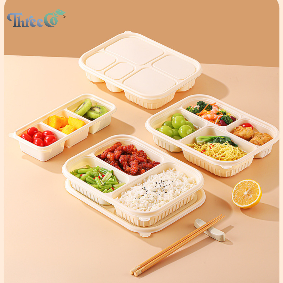 ThreeCo’s cornstarch-based food containers, offering sturdy, eco-friendly packaging for takeout and delivery.