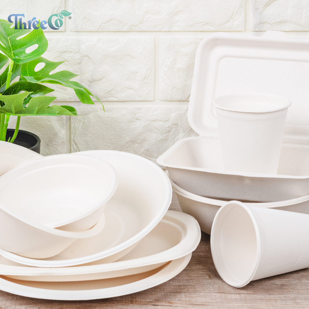 Sugarcane-based food packaging by ThreeCo, featuring biodegradable plates, bowls, and containers for sustainable dining solutions.