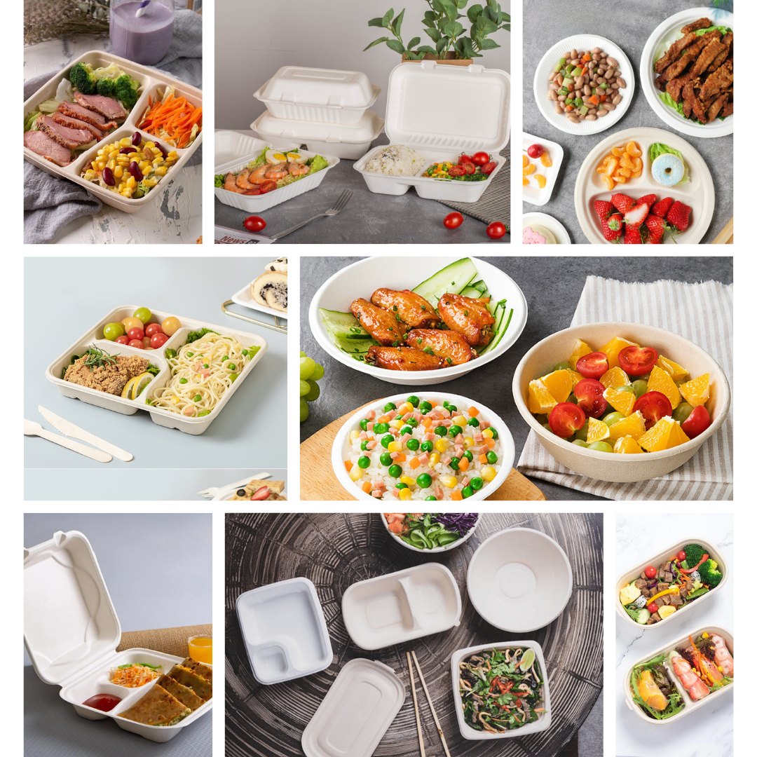 Biodegradable and eco-friendly food packaging solutions by B Eco Packaging, showcasing sustainable materials like sugarcane, paper, and cornstarch for takeaway and catering needs.