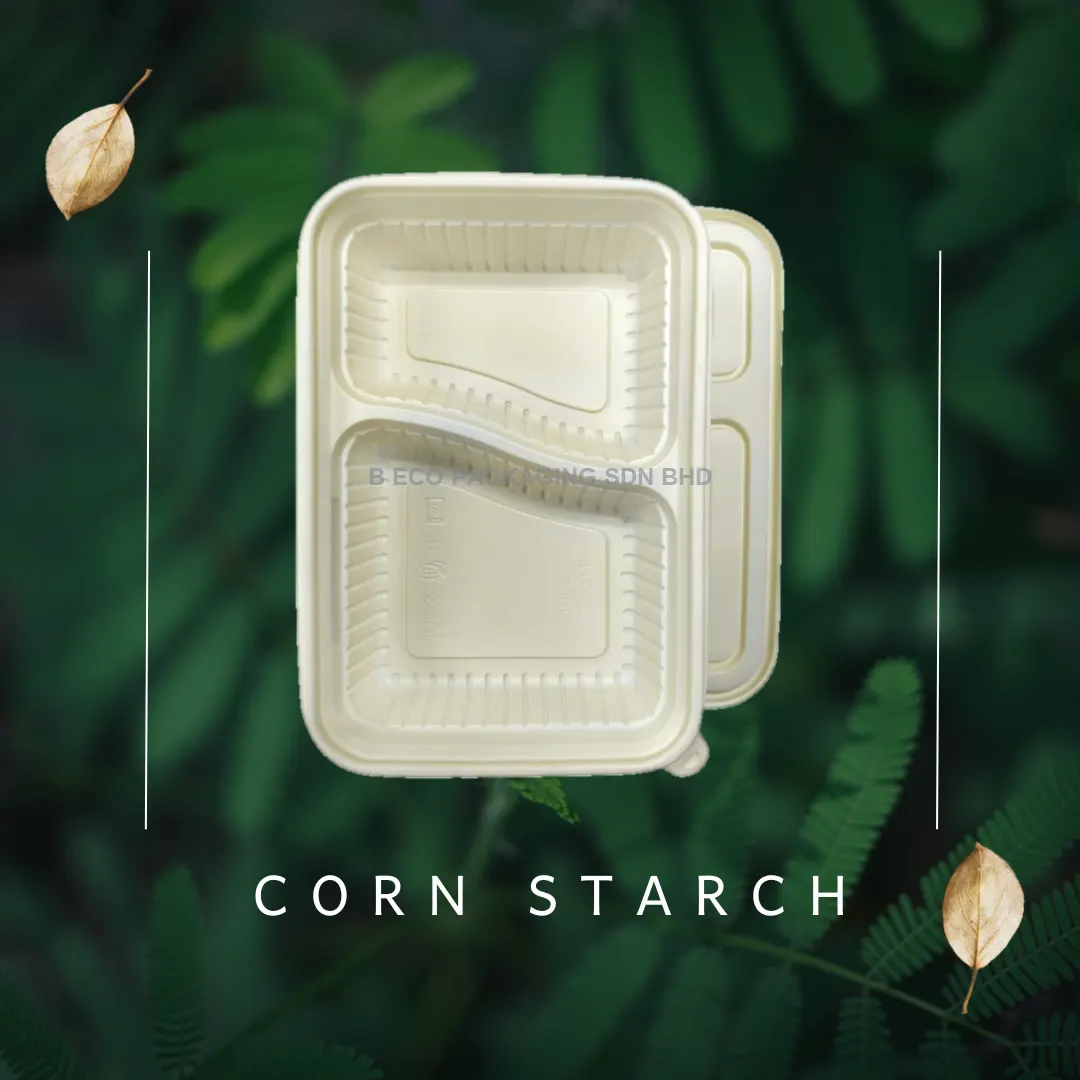 Biodegradable 2 Compartment Corn Starch Lunch Box (750ml) (Set)