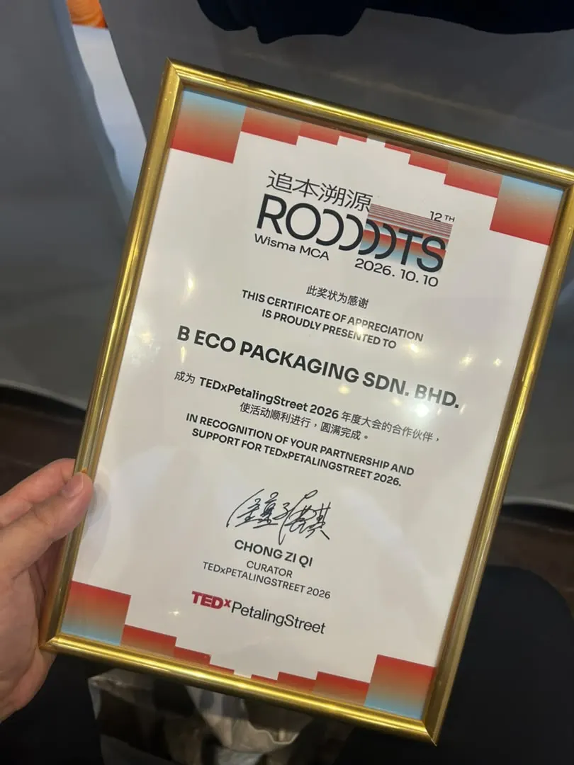 Certificate of Appreciation presented to B Eco Packaging Sdn. Bhd. for its partnership and support of TEDxPetalingStreet 2026