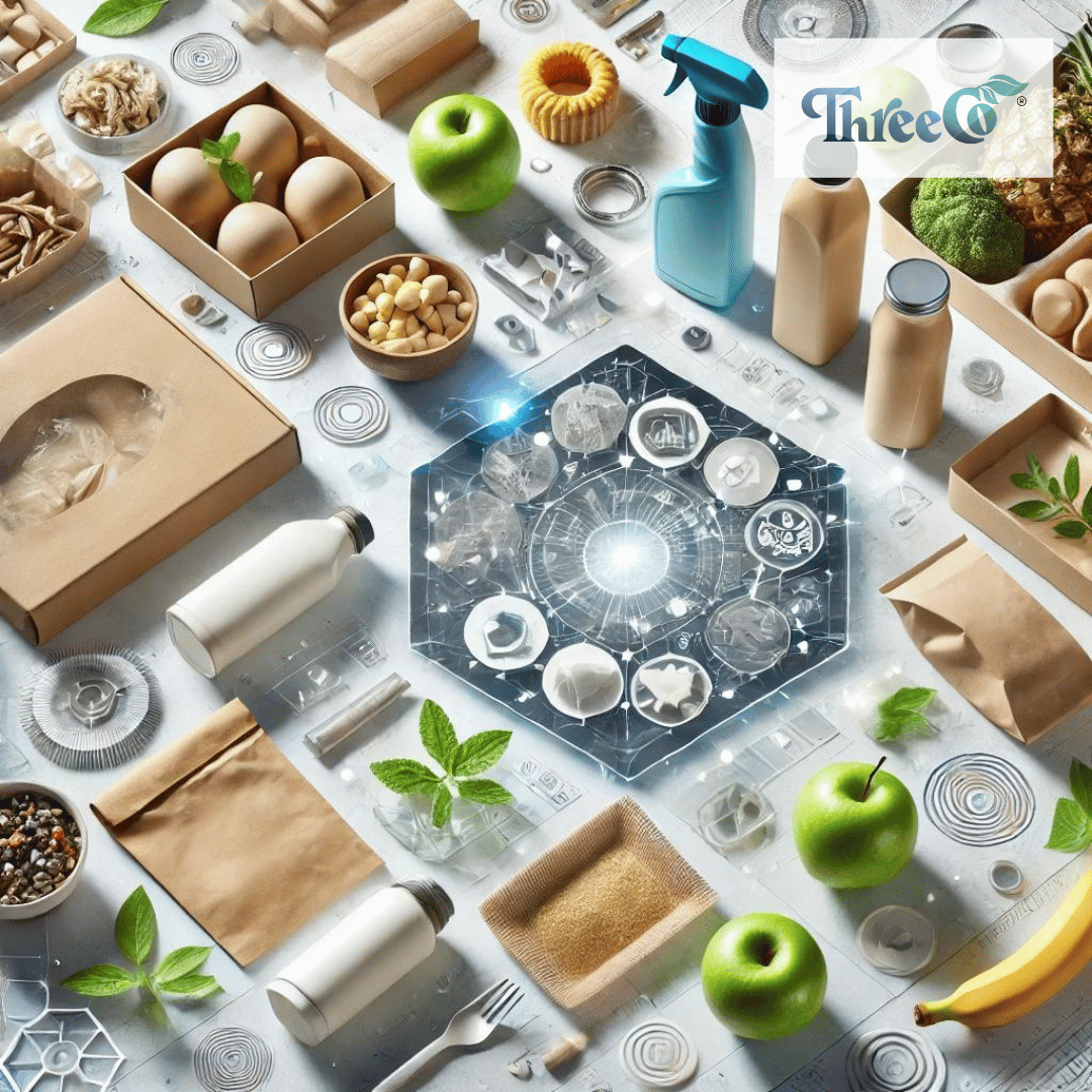 Flat-lay of biodegradable packaging materials and fresh produce representing sustainable practices