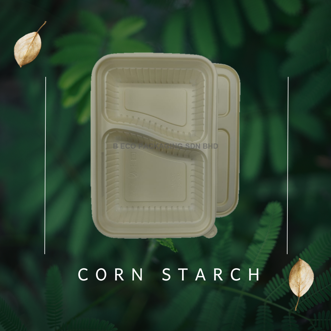 Biodegradable 2 Compartment Corn Starch Lunch Box (750ml) (Set)