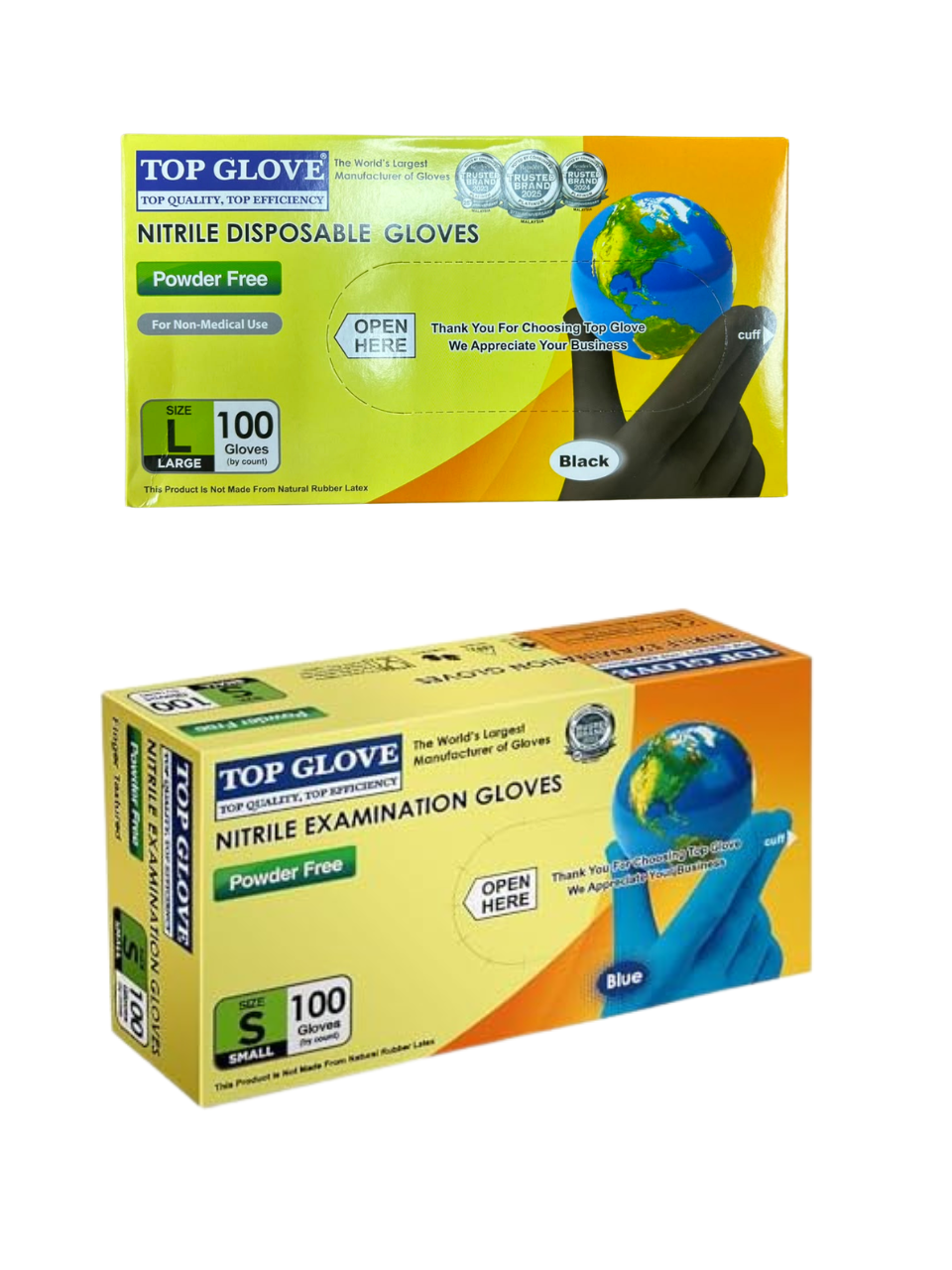 Top Glove nitrile disposable gloves, size S, blue and black boxes
